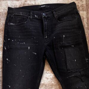 Hudson Jeans Distressed Zack Skinny Stretch Denim in Black w/ Paint & Rips, 36